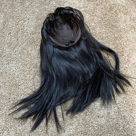 NWT 16-17”natural black brown hint straight blended human mix topper round bangs - Picture 6 of 16